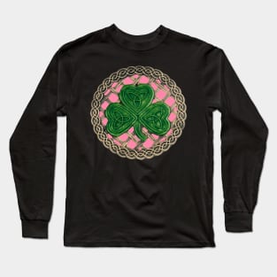 Celtic Knot Shamrock Pink Background Long Sleeve T-Shirt